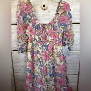 Floral Puff Sleeve Midi Dress in Pink & Blue